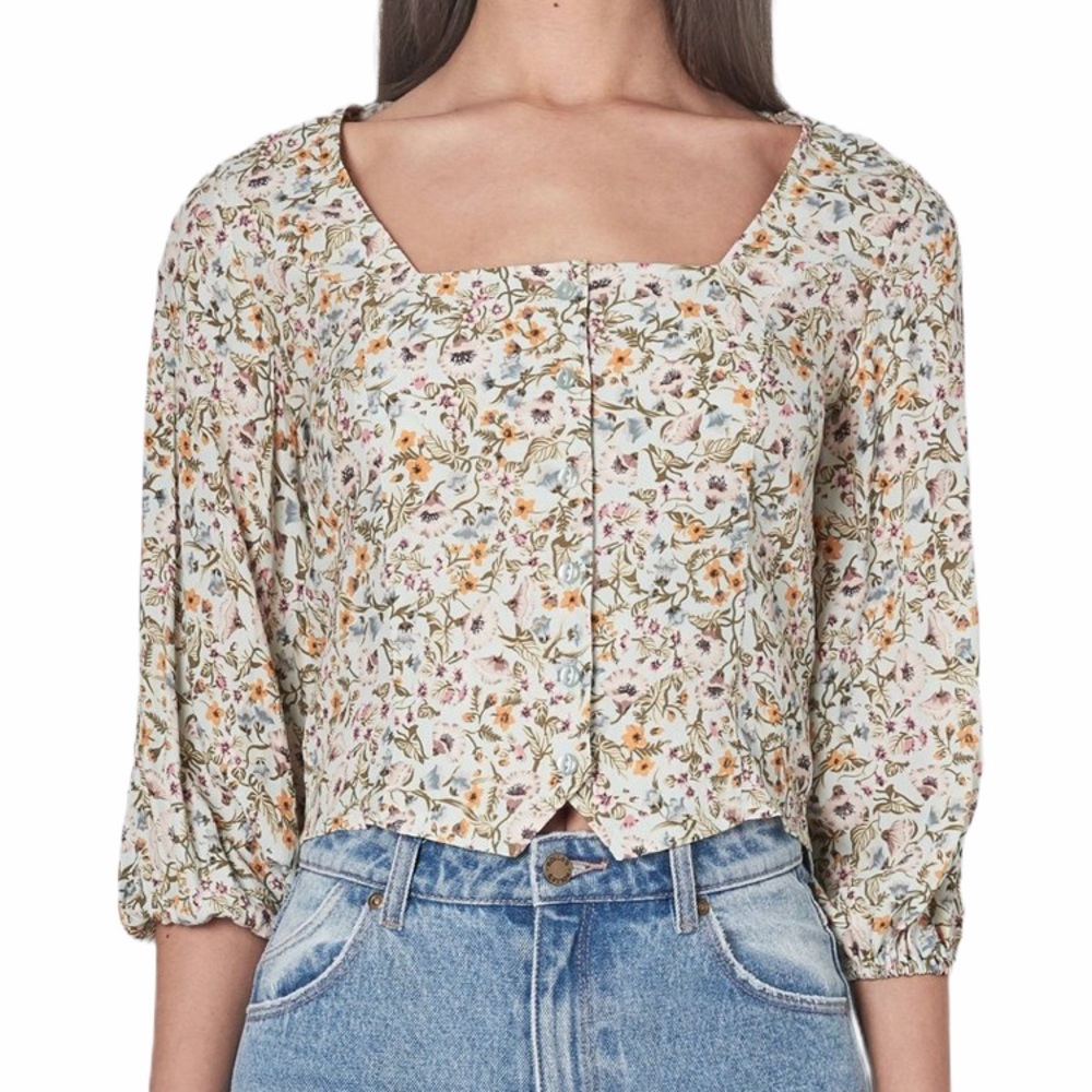 Rolla’s Roxanne Meadow Floral Button Down Long Sleeves Blouse Pale Sky